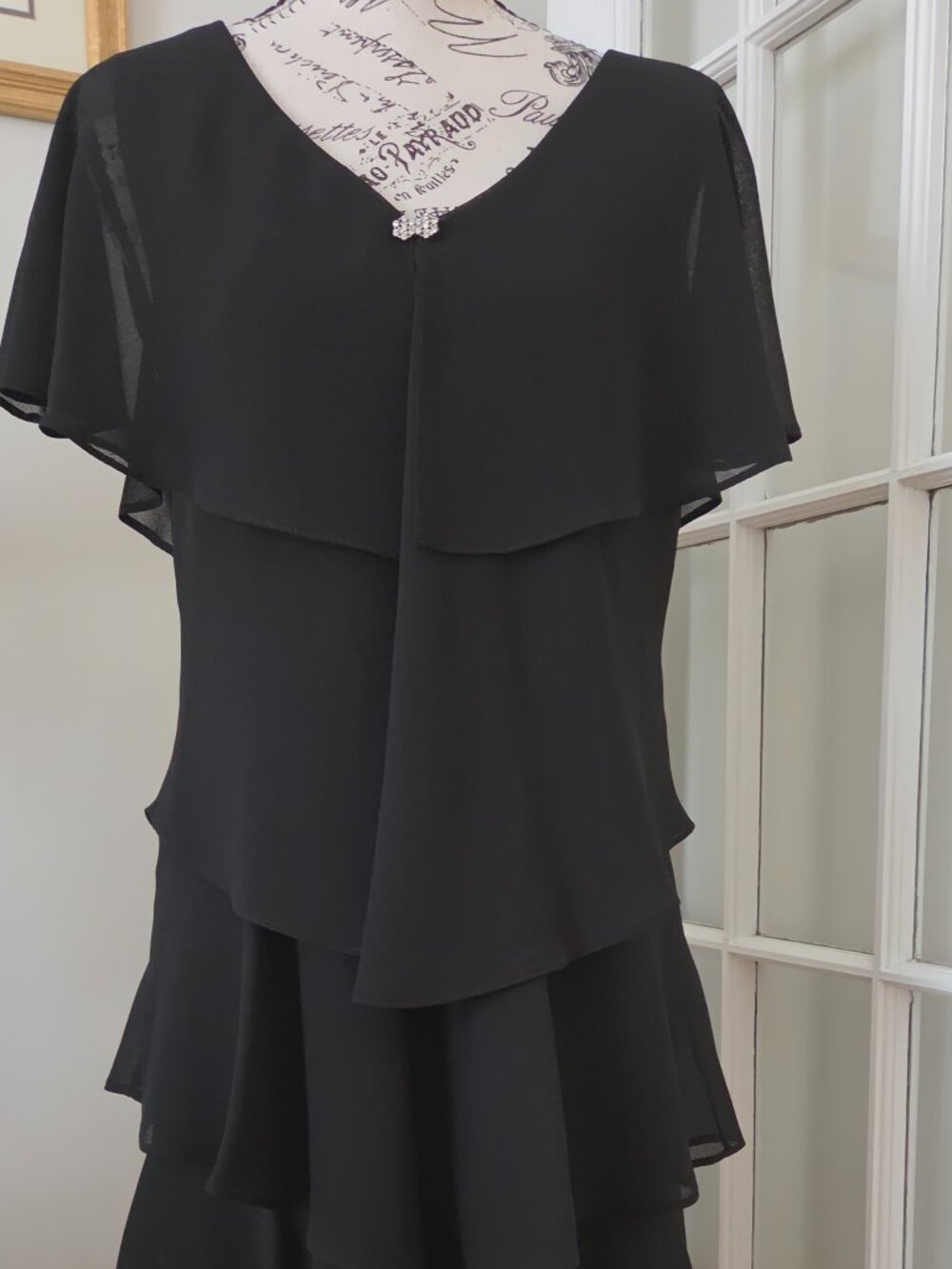Ignite Evenings Black Tiered Chiffon Dress Size 12 Rhinestone Formal Midi
